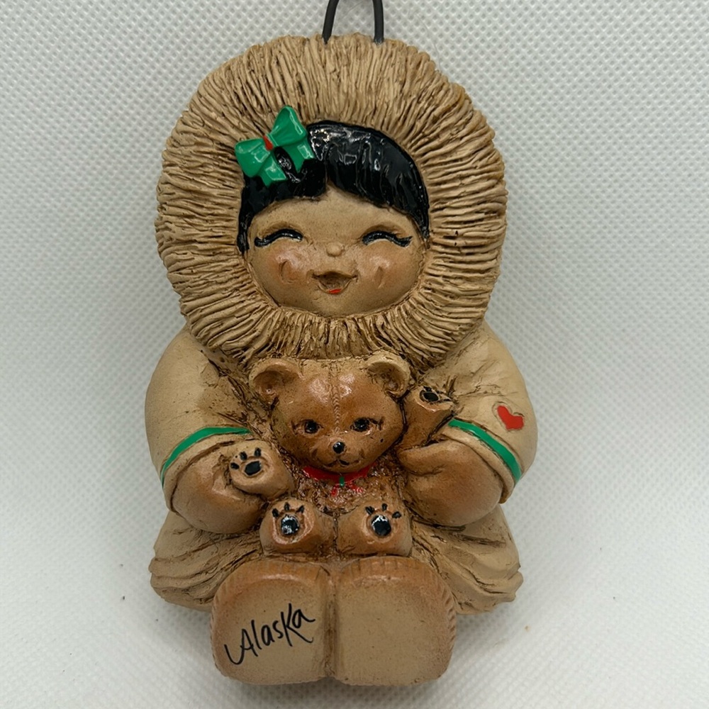 Vintage 1992 Eski Moppets Girl holding a bear Handcrafted Ornament Alaska Signed